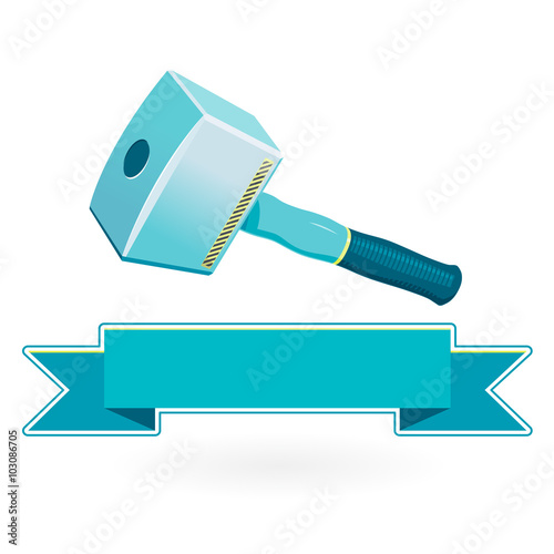 Nice classical big blue carpenter mallet on white, massive robust hammer for rafter beam. Construction tools, sign, symbol, flatten illustration master vector icon.
