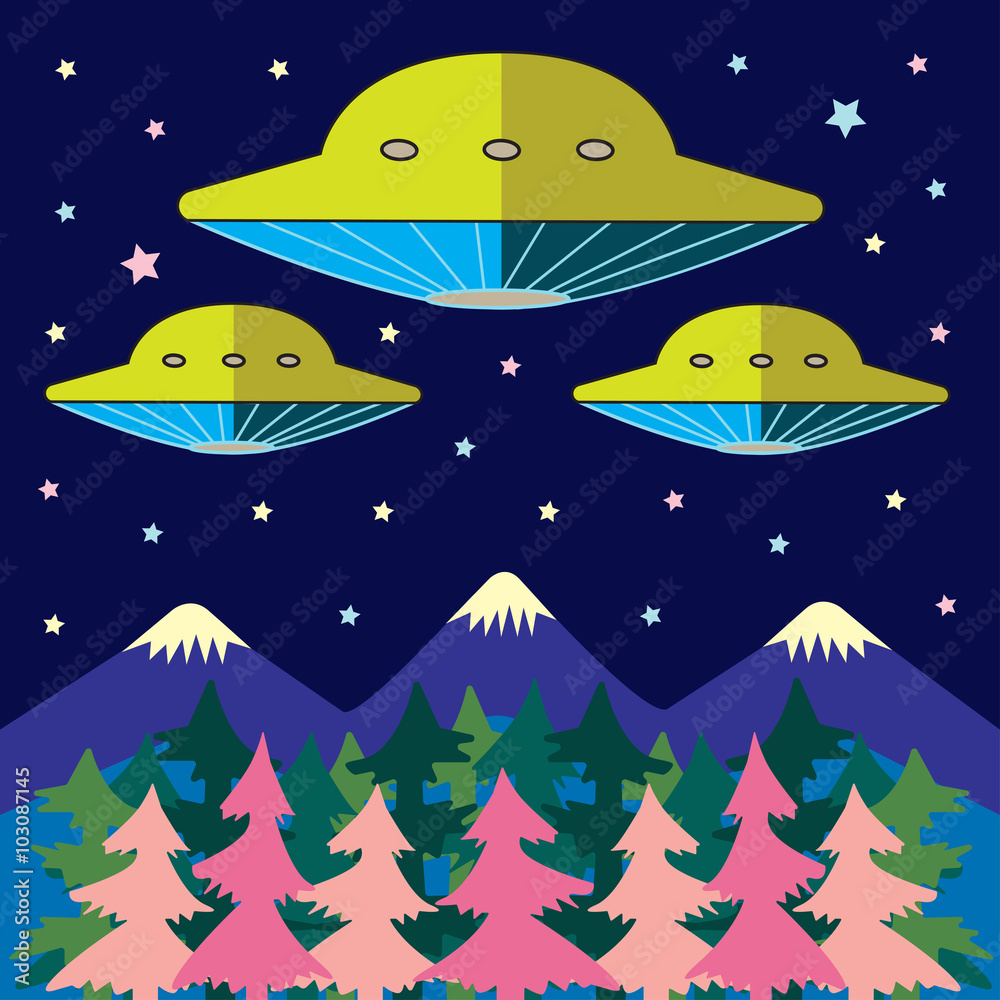 Spaceships fly over the mountains and trees at night Spaceships fly over the mountains and trees at night