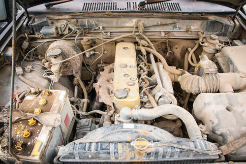 Close up detail of use car engine