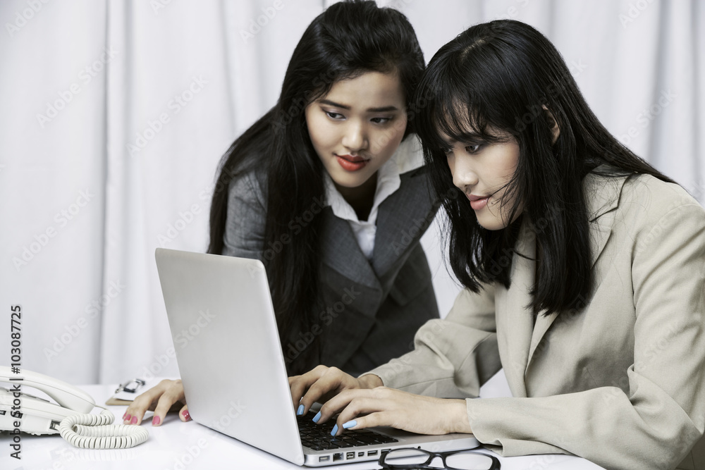 close up of businesswomen discussing work on computer in office close up of businesswomen discussing work on computer in office
