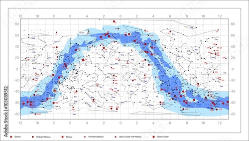 Caldwell Catalogue deep sky objects. It contains constellations, the names of constellations, nebulae, galaxies, star clusters. Everything in editable vector layers.