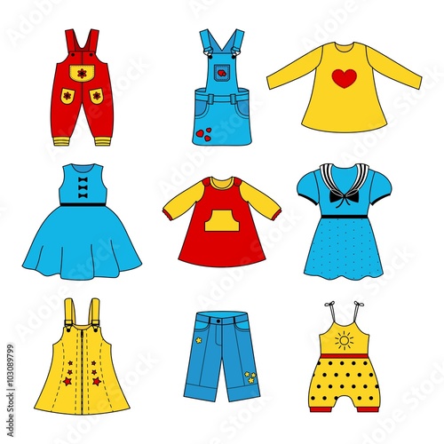 Set of cute dresses for the little girl. Collection of clothing in  linear style for the child. Vector outline  icons