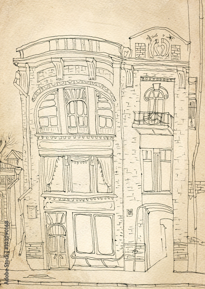 Old house on a city street. Sketch, linear pattern with black ink on tinted paper Old house on a city street. Sketch, linear pattern with black ink on tinted paper