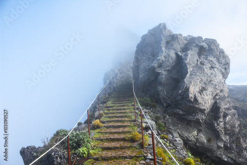 mountain trail in Madeira above the clouds on a sunny bright afternoon © no3namesleft