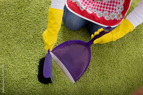 Carpet cleaning with brush and dustpan