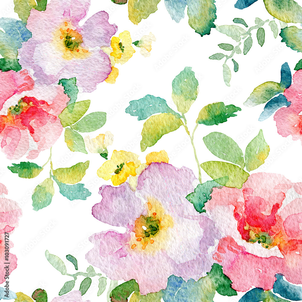 Watercolor seamless pattern with simple colorful flowers. Spring and summer motifs. Can be used for wrapping paper and any your design.
