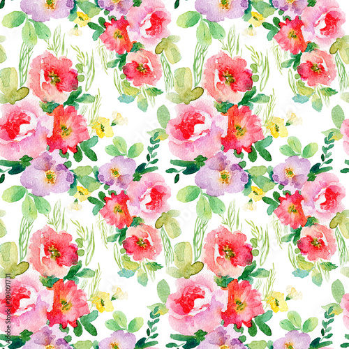 Watercolor seamless pattern with simple colorful flowers. Spring and summer motifs. Can be used for wrapping paper and any your design.
