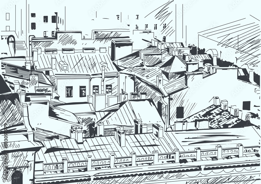 Roofs in the old town center. Saint-Petersburg, Russia. Hand drawn vector digital illustration