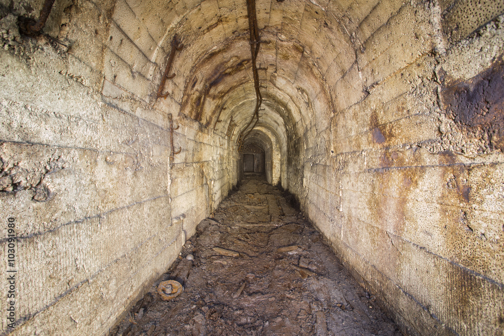 Old abandoned underground iron mine bunker tunnel