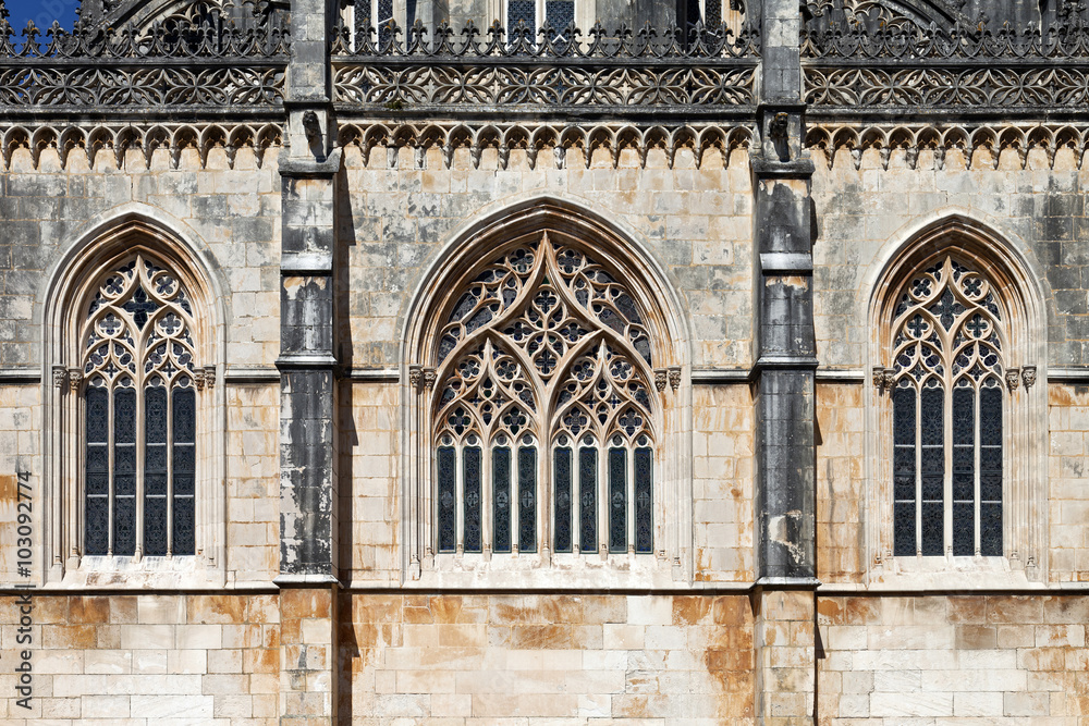 Monastery of Batalha. Gothic windows in tracery of the Capela do Fundador (Founders Chapel). Portugal. UNESCO World Heritage Site.