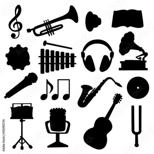 Set black silhouette music icons