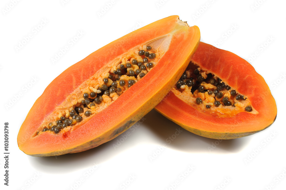 Half cut  papaya fruits on white background