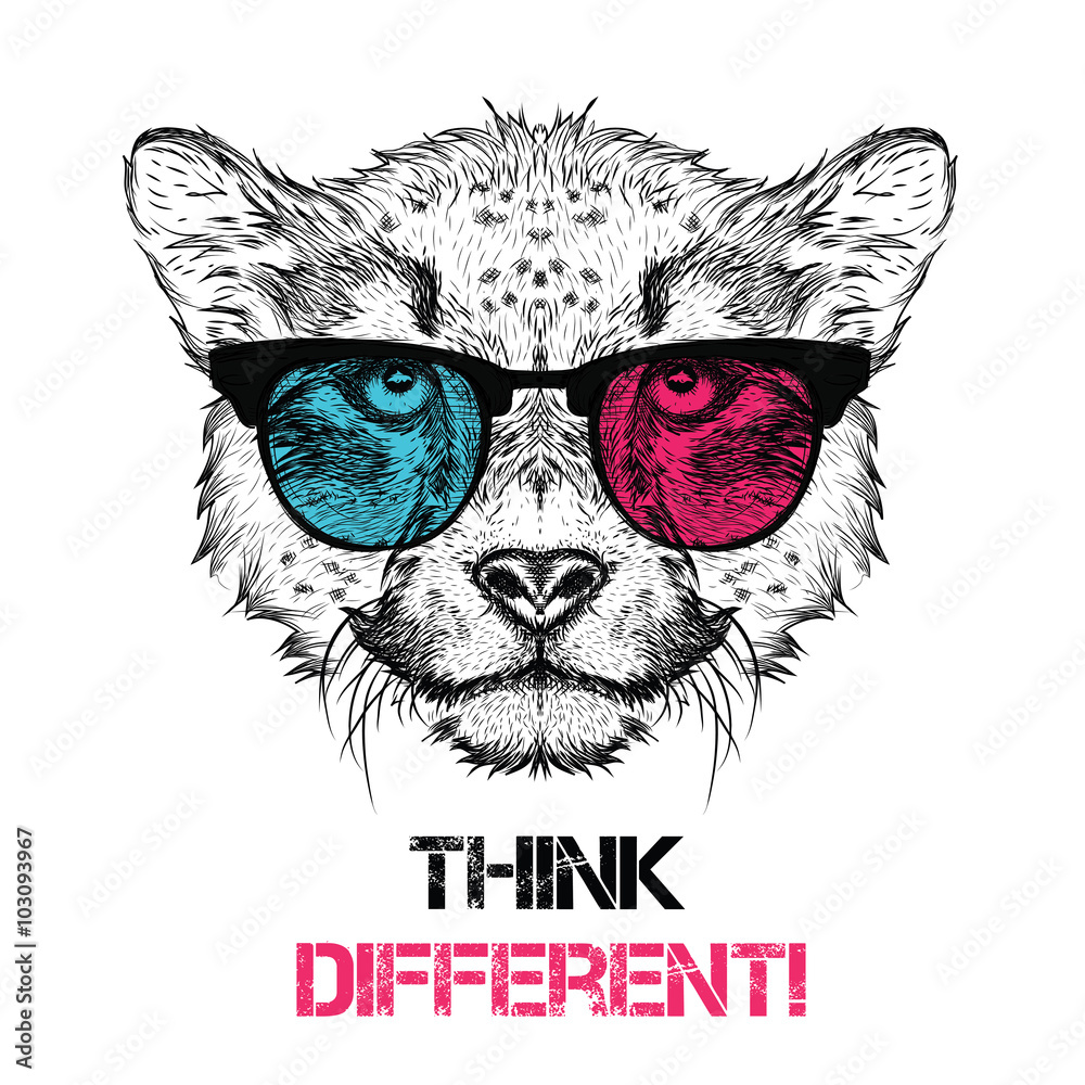 Portrait of the cheetah in the colored glasses. Think different. Vector illustration.