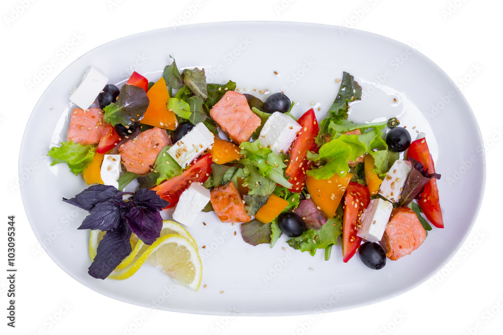 Salmon salad with feta cheese, top view