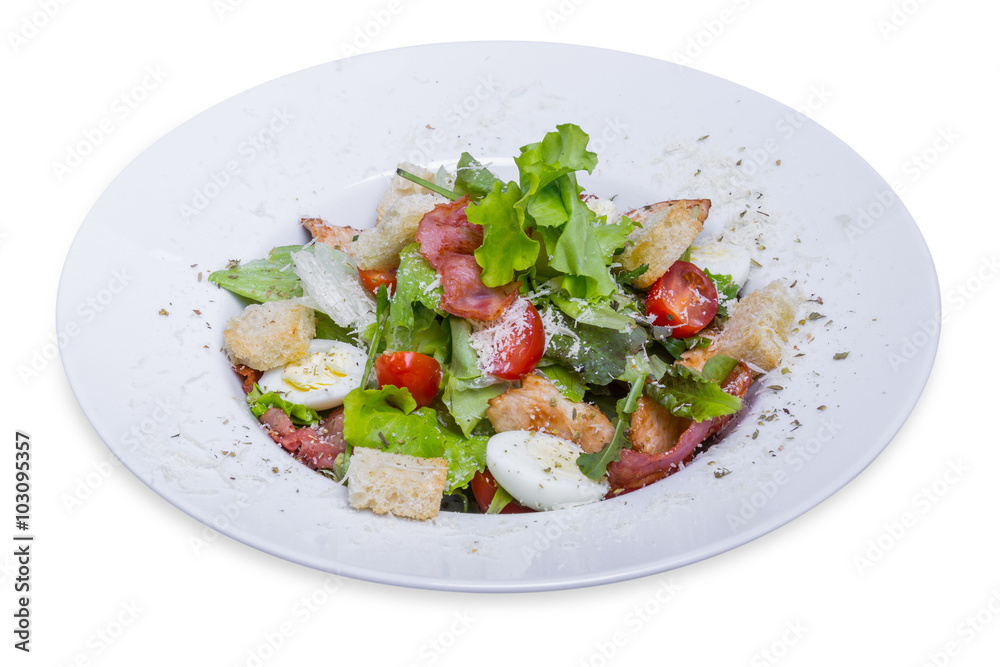 Caesar salad with chicken and quail eggs, isolated Caesar salad with chicken and quail eggs, isolated
