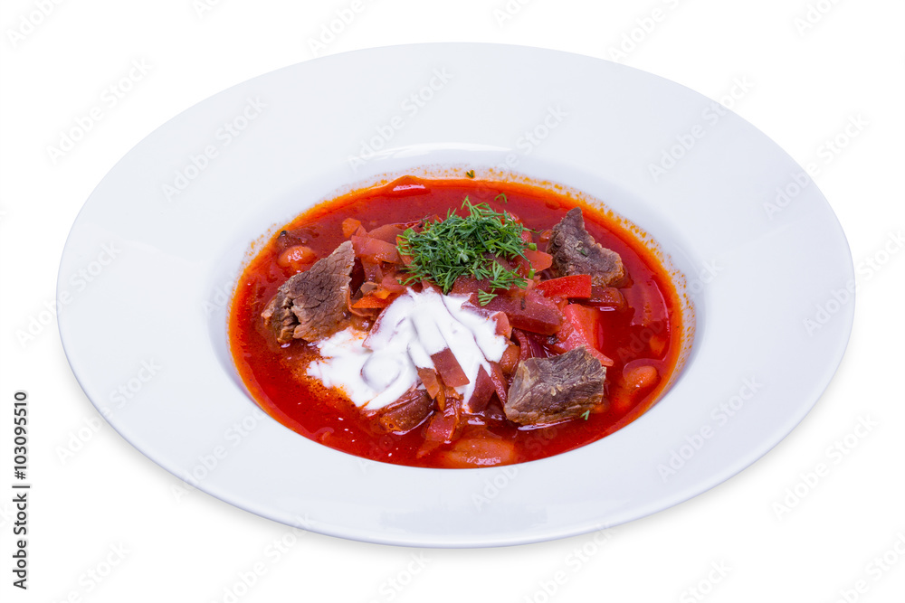 Beetroot soup with meat, Borscht, isolated Beetroot soup with meat, Borscht, isolated
