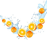 Water splash with fruits isolated on white backgroud. Fresh orange
