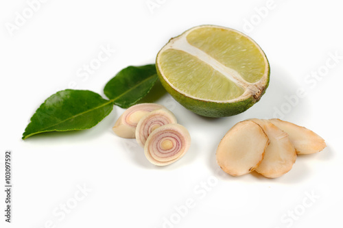 ginger, lime, kaffir  leaves, lemon grass on white isolated