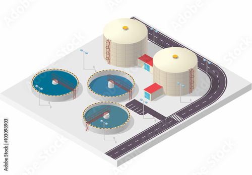 Water treatment isometric building info graphic, big bacterium purifier factory on white. Illustration scientific article. Pictogram industrial chemistry cleaner set. Flatten isolated master vector.