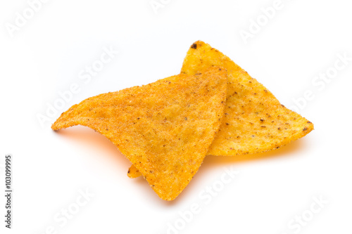 Mexican nachos chips, isolated on white background.