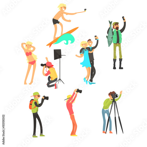 Creative People Posing while Photographer Taking Photos. Vector Illustration Set