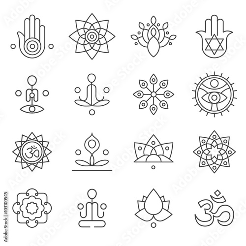 Vector yoga icons and line badges, graphic design elements 