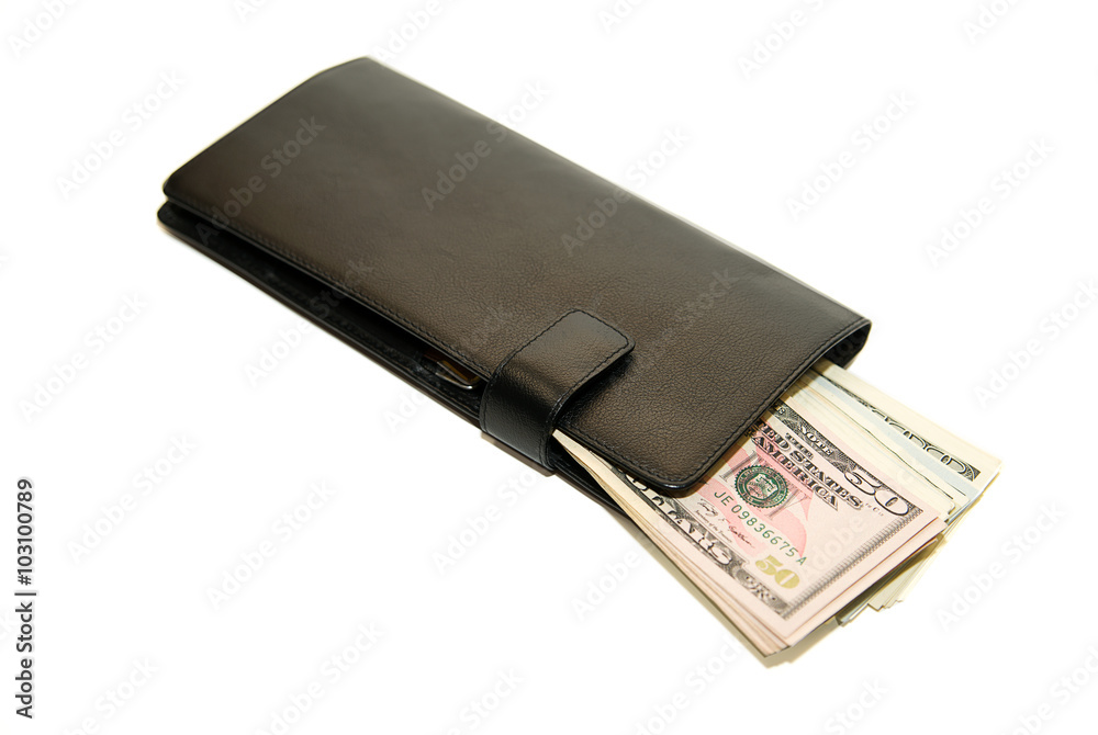 Black wallet with banknotes of US dollars inside