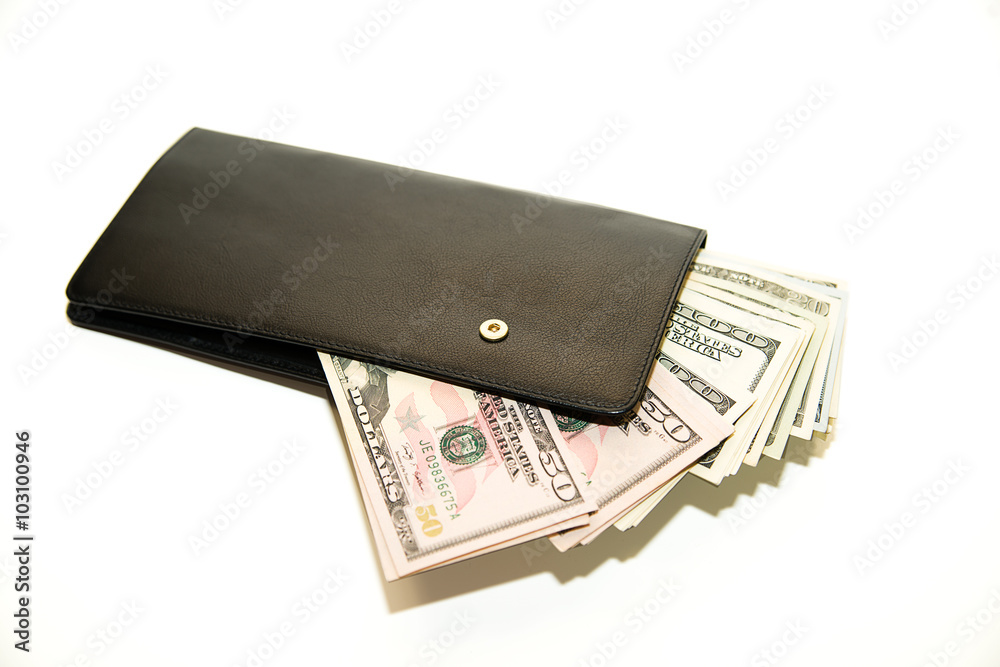 Black wallet with banknotes of US dollars inside Black wallet with banknotes of US dollars inside