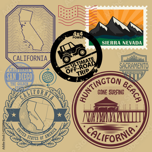 Stamp set with the name and map of California, United States