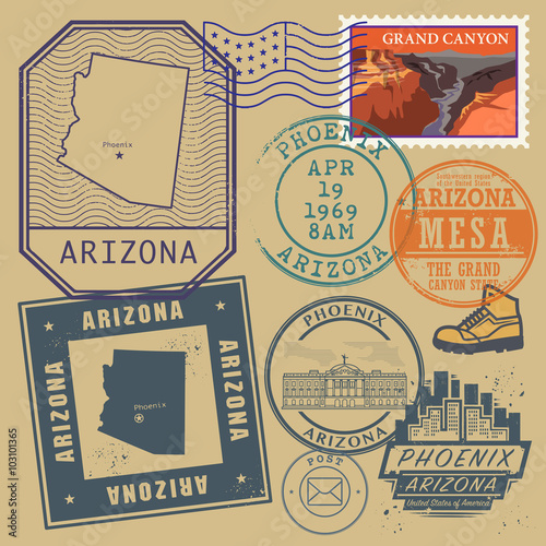 Stamp set with the name and map of Arizona, United States