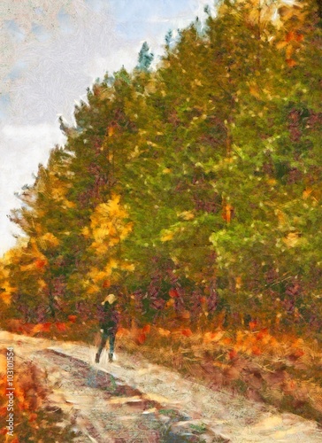Watercolor oil illustration girl walking along the road through © holysource