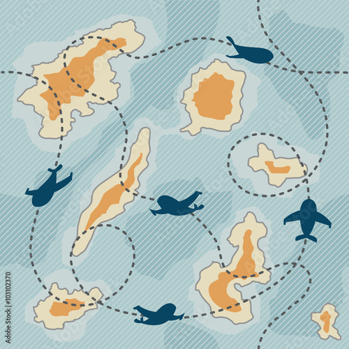 Pattern with airplanes dotted lines route on map with islands. Illustration of map with islands and ocean. Background. Vector.