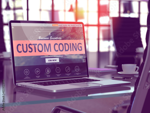 Custom Coding Concept. Closeup Landing Page on Laptop Screen  on background of Comfortable Working Place in Modern Office. Blurred, Toned Image. 3D Render. photo