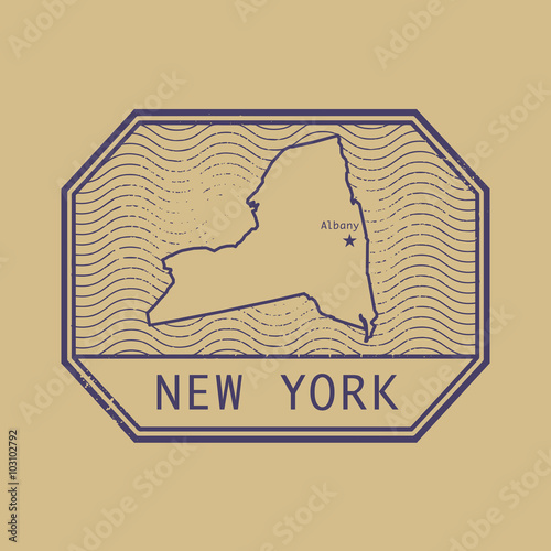 Stamp with the name and map of New York, United States