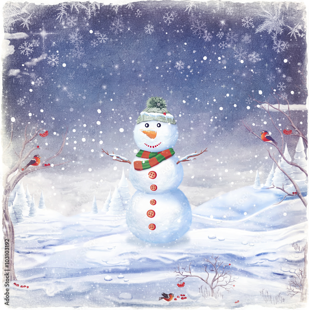 Illustration of snowman, on a background of snow and snowflakes