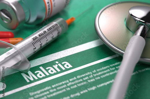 Diagnosis - Malaria. Medical Concept on Green Background with Blurred Text and Composition of Pills, Syringe and Stethoscope. Selective Focus. 3D Render. photo