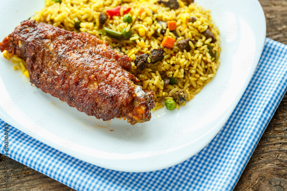 Delicious dish of turkey meat with rice and lettuce Delicious dish of turkey meat with rice and lettuce