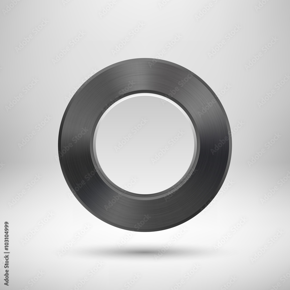 Black abstract circle badge, blank button template with metal texture (chrome, silver, steel), realistic shadow and light background for web interfaces, UI, applications and apps. Vector illustration. Black abstract circle badge, blank button template with metal texture (chrome, silver, steel), realistic shadow and light background for web interfaces, UI, applications and apps. Vector illustration.