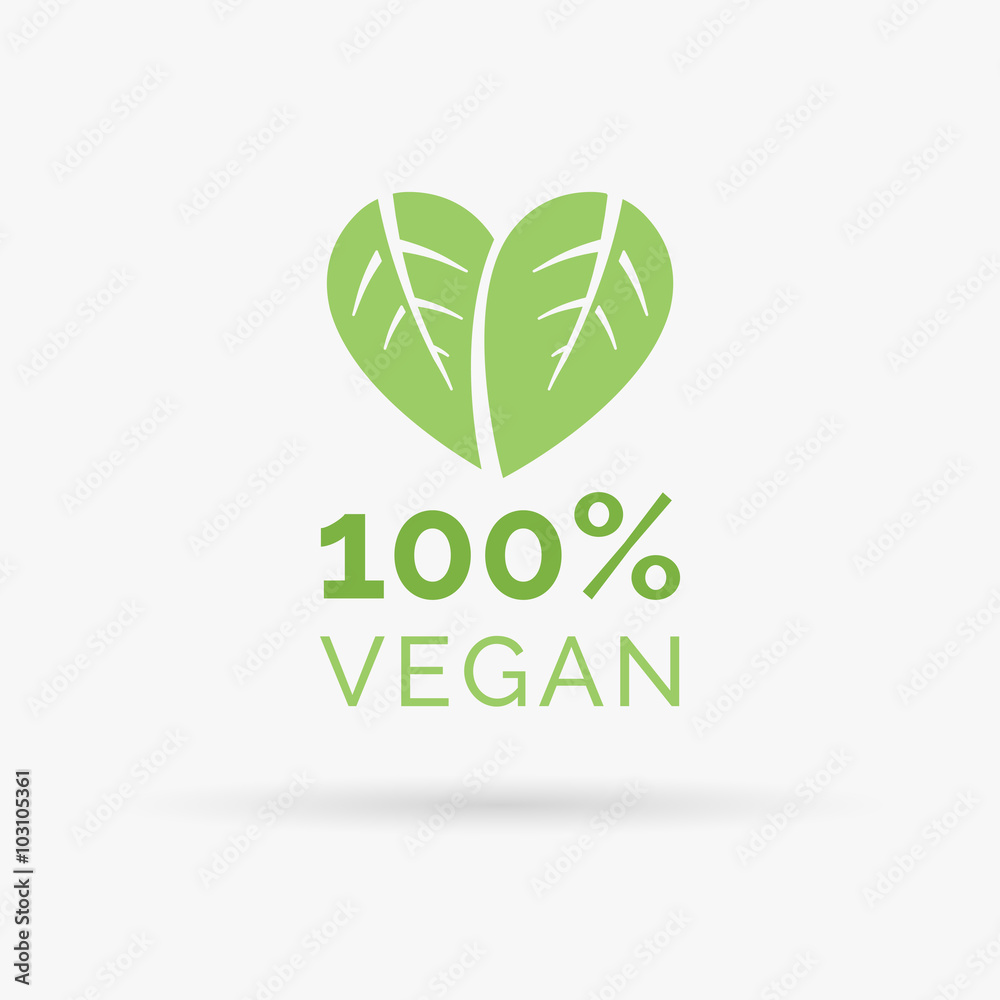 100 vegan icon design. 100 vegan symbol design. Vegan food sign with leaves in heart shape