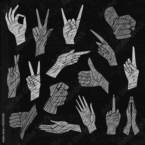 Vector  chalkboard illustrations set of universal gestures of hands. Hands in different interpretations. White chalk hatching on a black chalkboard.