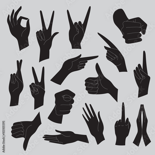 Vector illustrations set of universal gestures of hands. Hands in different interpretations. Black silhouettes on a gray background.