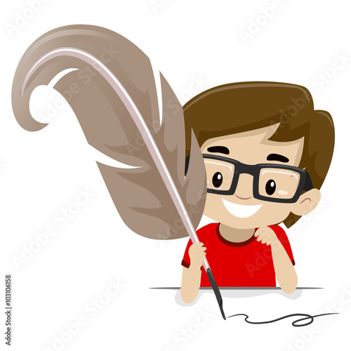 illustration of a Boy holding a Quill pen