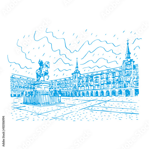 Statue of Philip III on Mayor plaza in the center of Madrid, Spain. Drawn pencil sketch. Vector file