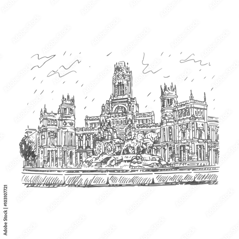 Cybele Palace and fountain at the Plaza Cibeles in Madrid, Spain. Drawn pencil sketch. Vector file