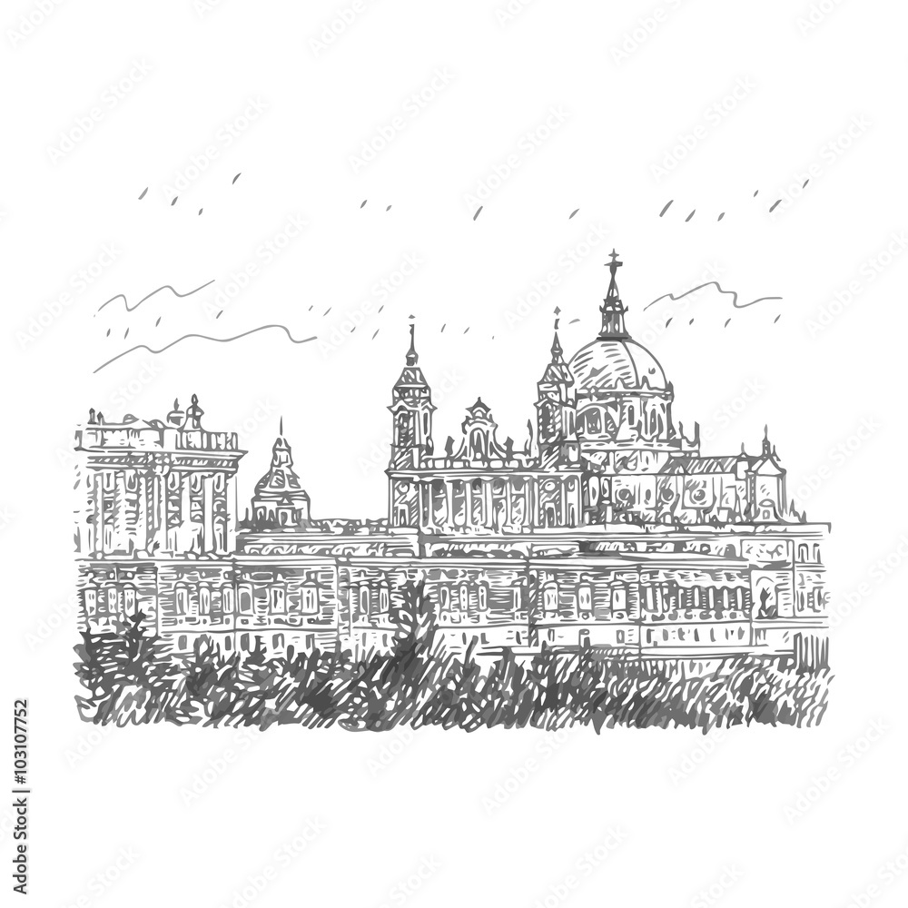Santa Maria la Real de La Almudena Cathedral and the Royal Palace. Madrid, Spain. Drawn pencil sketch. Vector file