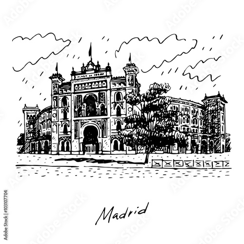 Las Ventas Bullring in Madrid, Spain. Drawn pencil sketch. Vector file