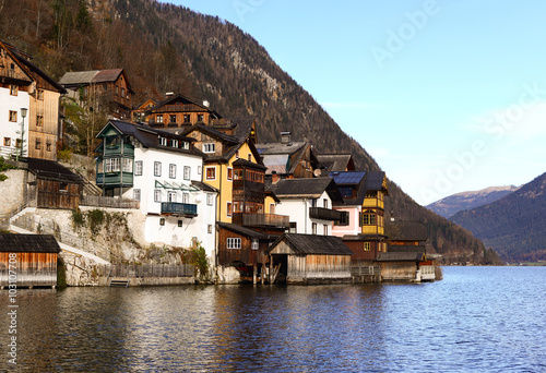 View of Hallstatt old town village on river bank between lake and mountain © GypsyGraphy
