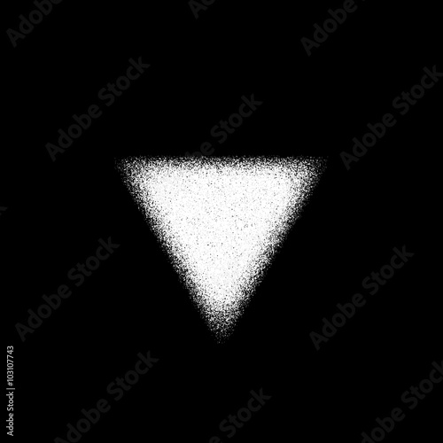 White abstract geometric shape, triangle badge with film grain, noise, dotwork, grunge texture and black background for logo, design concepts, posters, banners, web, prints. Vector illustration.