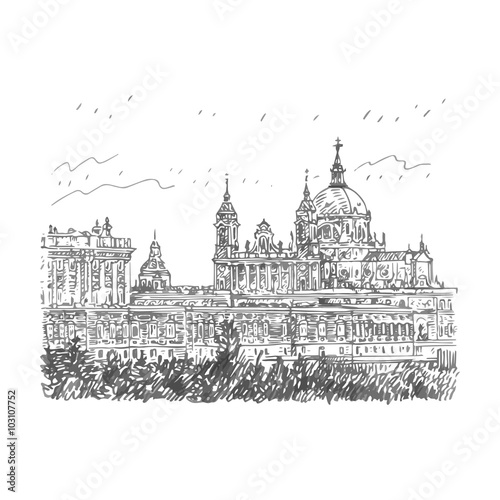 Santa Maria la Real de La Almudena Cathedral and the Royal Palace. Madrid, Spain. Drawn pencil sketch. Vector file © lo0kus