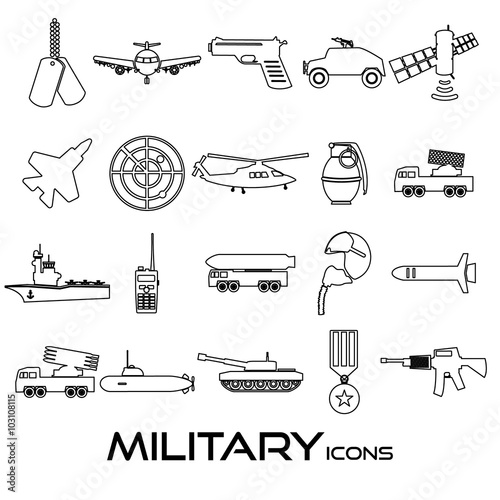 military theme simple black outline icons set eps10